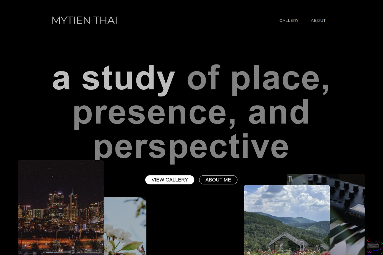 Website homepage with dark background, featuring the text 'a study of place, presence, and perspective,' with navigation links and photo thumbnails below.