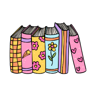 Colorful row of six decorative books with floral, hearts, stripes, and checkered patterns on their covers.