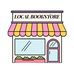 Illustration of a local bookstore with pink and yellow striped awning and a display window.