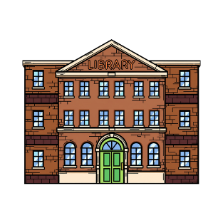 Illustration of a brick library building with a green double door and multiple windows.