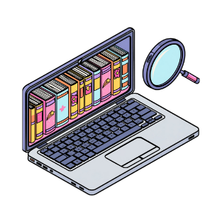 Laptop displaying books on screen with a magnifying glass beside it, symbolizing online book search.