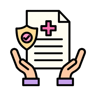 Hands holding a medical document with a pink cross and a shield with a checkmark symbolizing health protection.