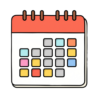 Illustration of a colorful calendar grid with five rows and seven columns on a black background.