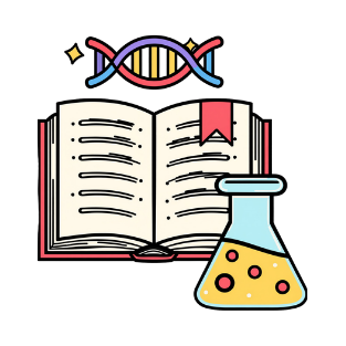 Open book with a red bookmark, a DNA helix above it, and a yellow liquid-filled laboratory flask.