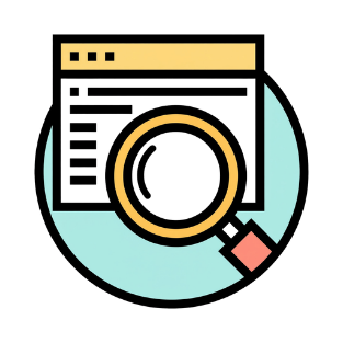 Magnifying glass over a web browser window, symbolizing source verification or fact checking.