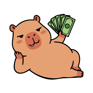 A relaxed cartoon bear lying down holding a fan of dollar bills in one hand.