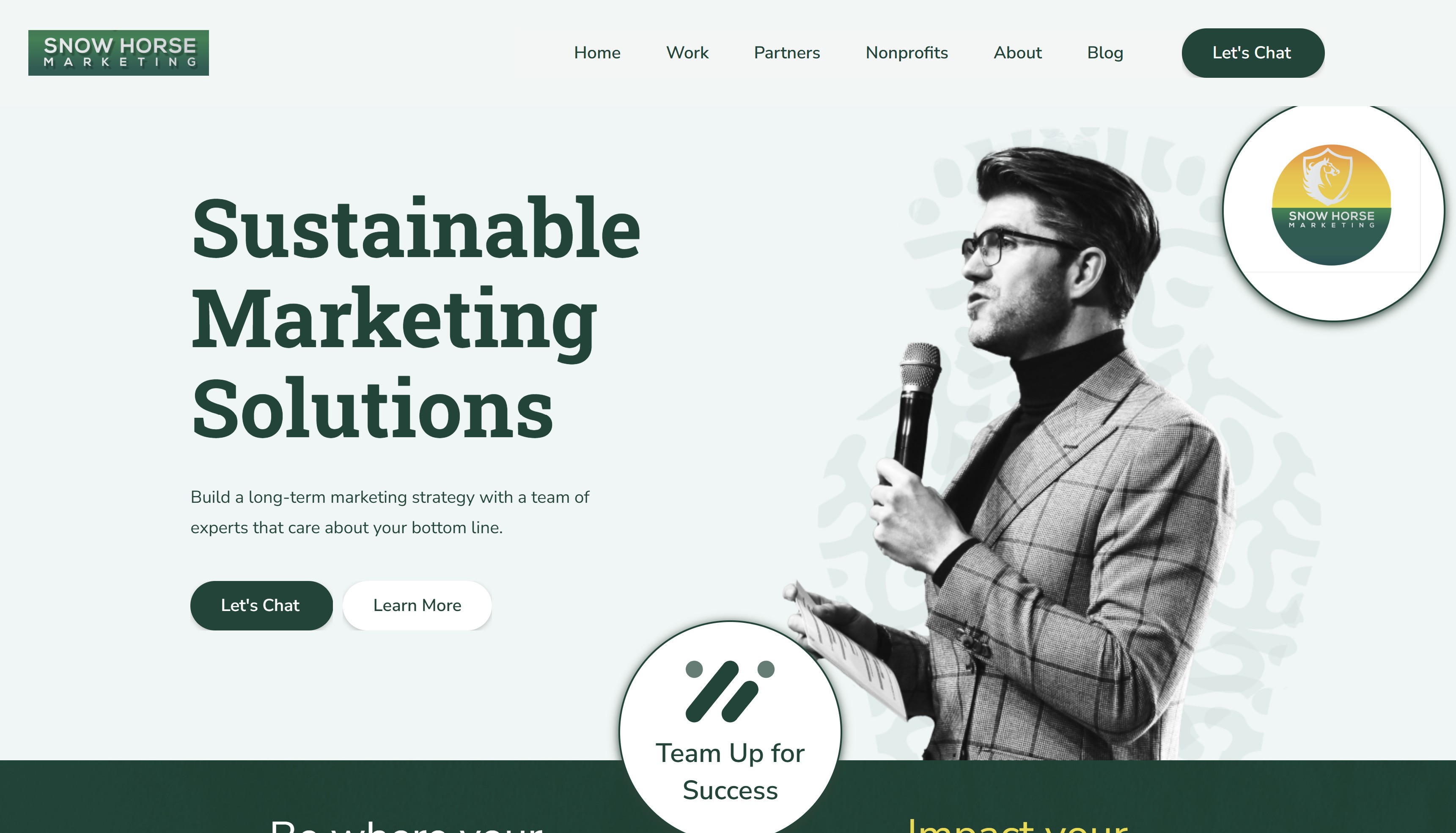 Man in glasses and checkered suit holding a microphone and paper, next to text about sustainable marketing solutions.