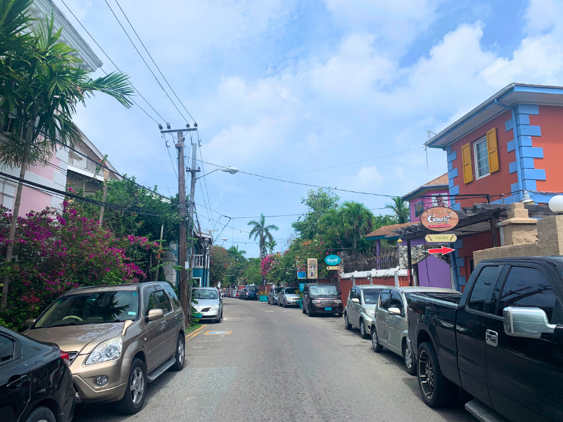 Street with parked cars, colorful buildings, palm trees, and a partly cloudy blue sky.