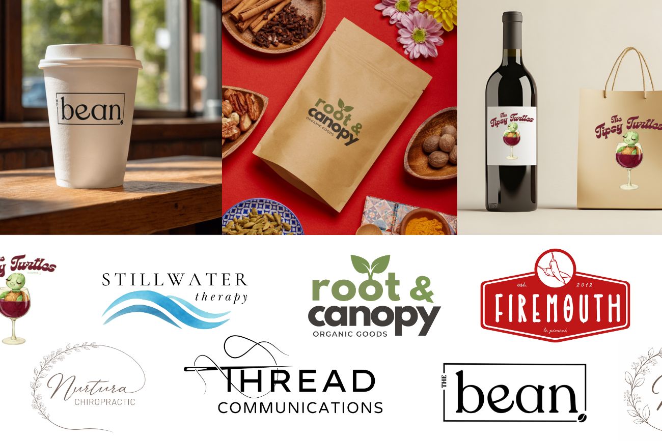 Collage of logos and product shots including coffee cup, organic goods, wine bottle, and branding designs.