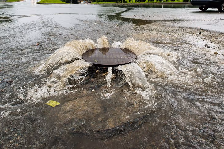 A burst sewer pipe