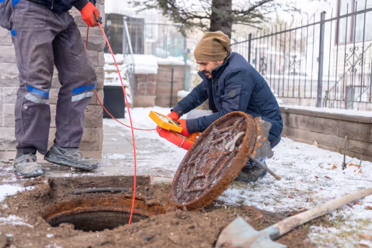 Men at a manhole inspecting pipes using CCTV