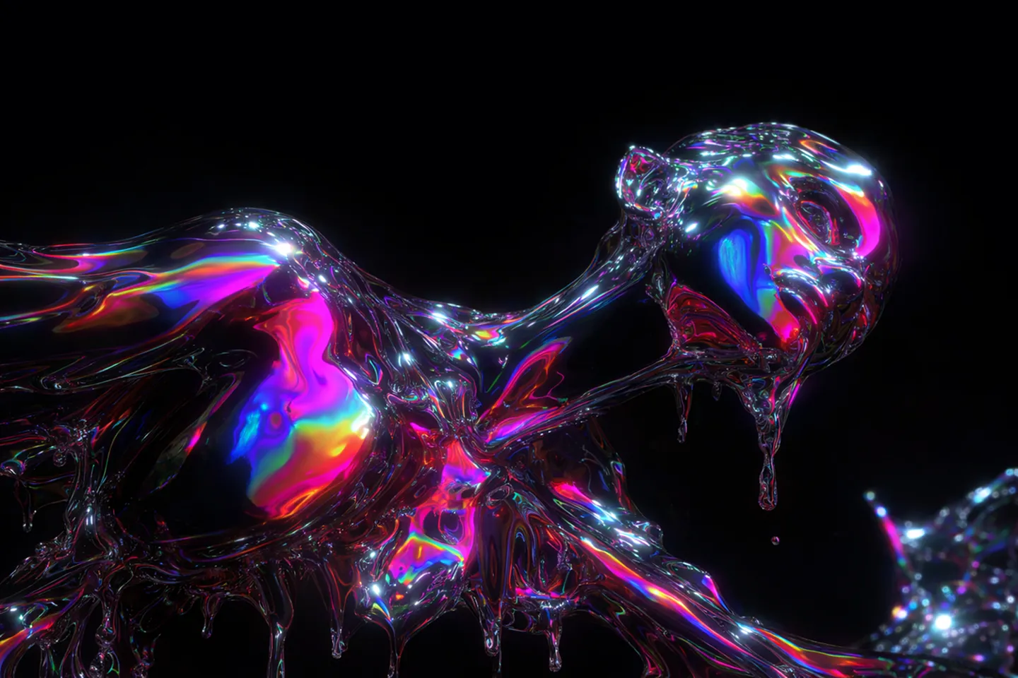 Abstract glossy liquid sculpture resembling a distorted cat head and body with vibrant neon reflections against a black background.