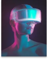 Futuristic human figure wearing a glowing virtual reality headset with neon blue and pink lighting.
