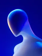 Abstract blue humanoid figure with smooth curved shapes on a gradient blue background.