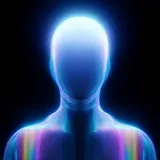 Glowing blue silhouette of a human head and shoulders against a dark background.