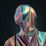 Abstract metallic humanoid figure with iridescent rainbow colors against a dark background.