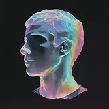 Colorful translucent 3D rendering of a human male head profile on a black background.