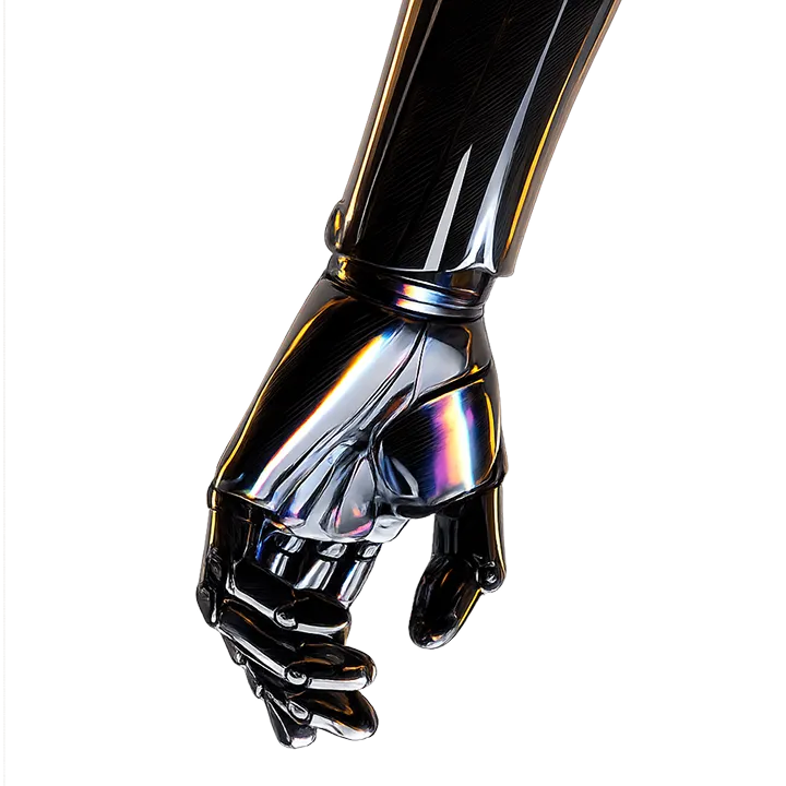 Shiny black robotic hand with reflective surface against a black background.