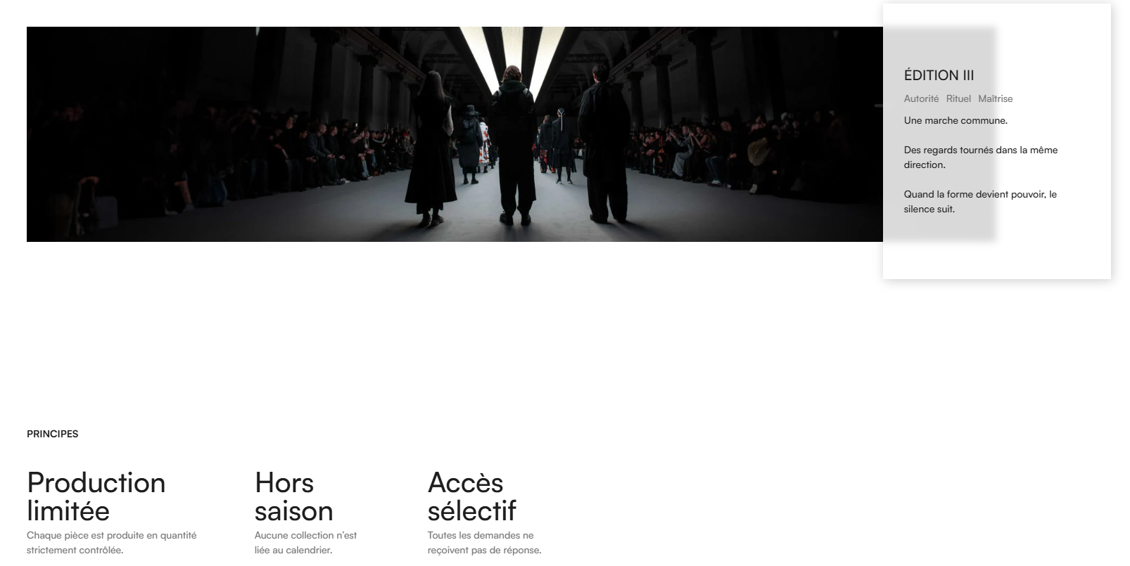 Runway presentation illustrating Velmora’s institutional fashion identity and avant-garde positioning.