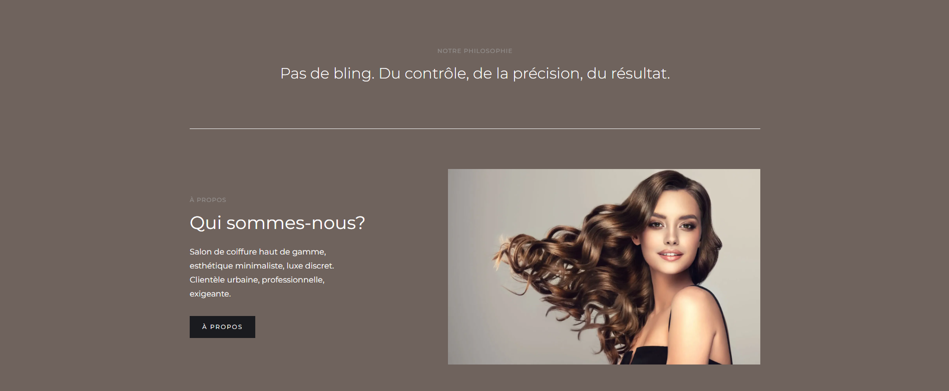 Woman with styled hair representing the premium experience of a luxury hair salon designed by NOIRE Atelier