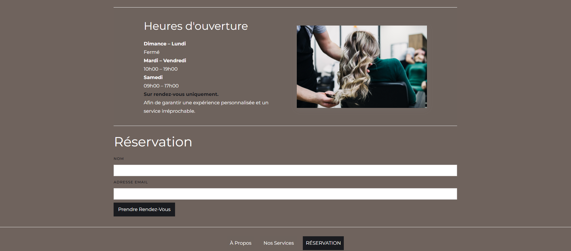 Online booking form for a luxury hair salon designed by NOIRE Atelier