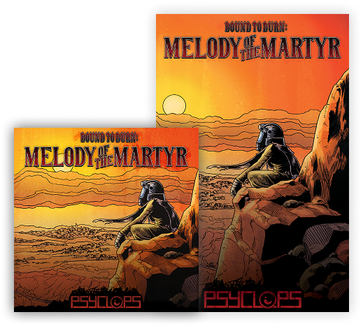 The cover artwork for the CD and comic book versions of Bound to Burn: Melody of the Martyr displayed next to each other.