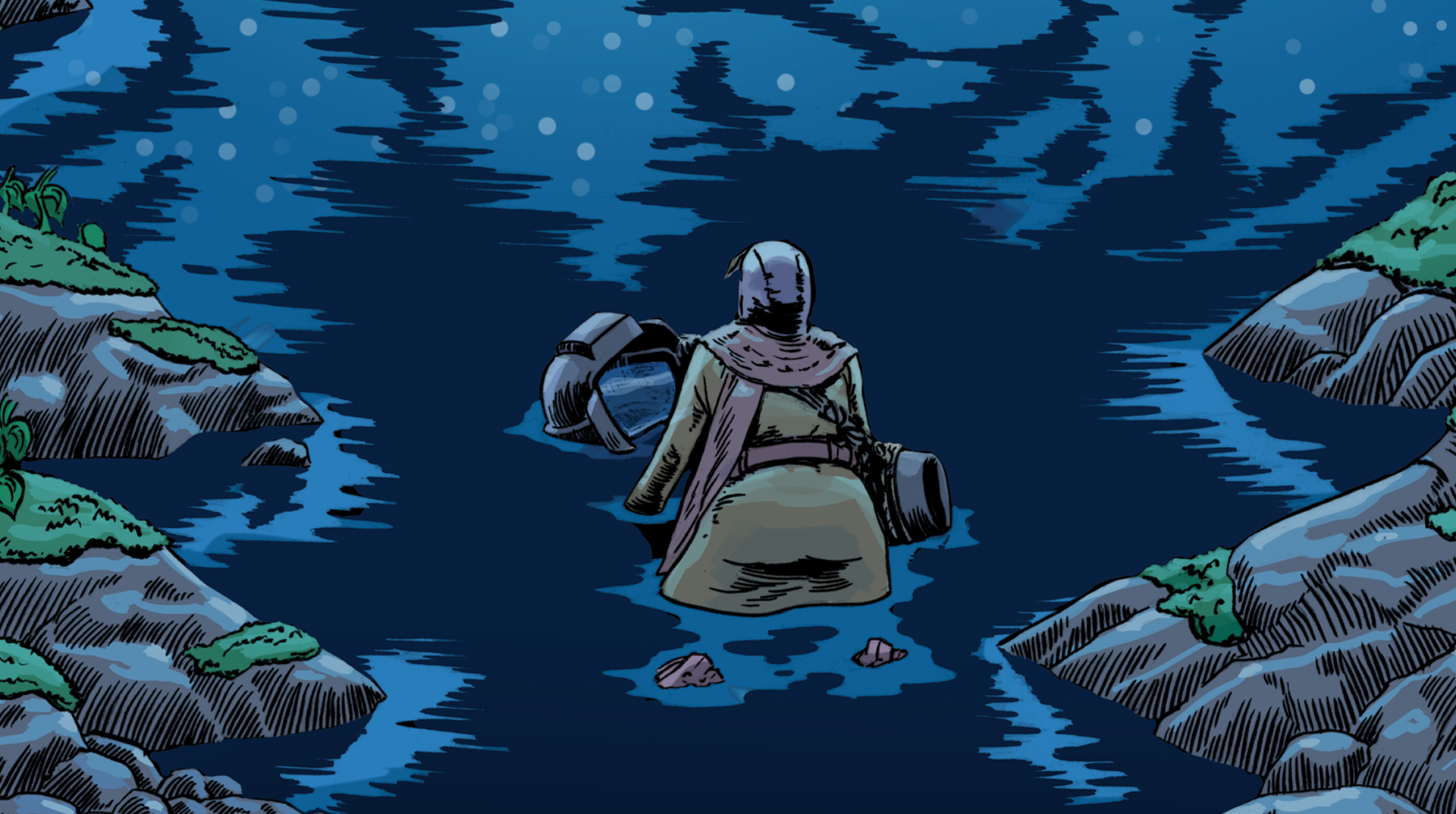The Explorer kneeling in a large body of water underground.
