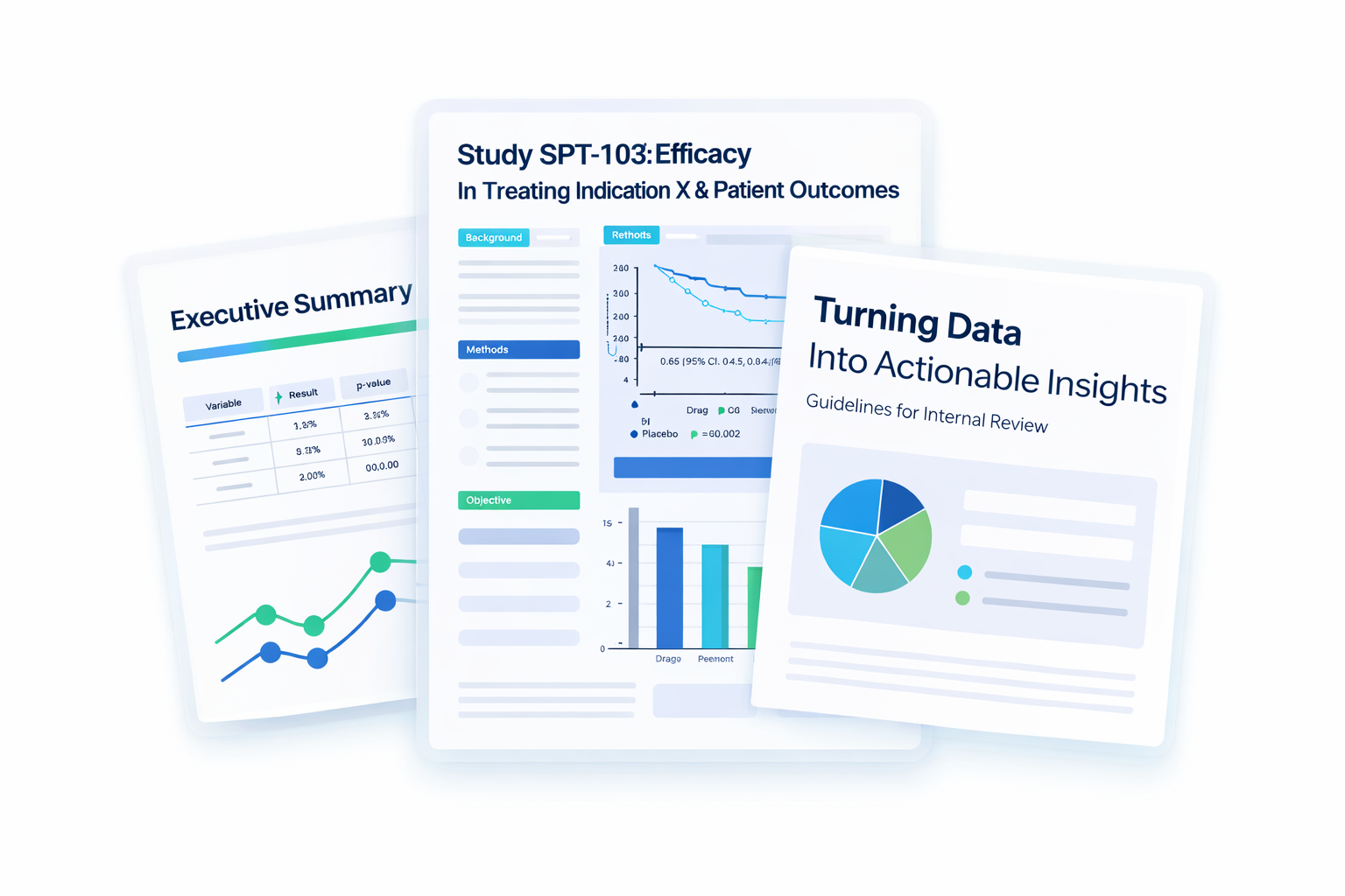 Three overlapping pages showing data reports: an executive summary with a line chart, a study results page with graphs and sections labeled Background, Methods, and Objective, and a page titled Turning Data Into Actionable Insights with a pie chart.
