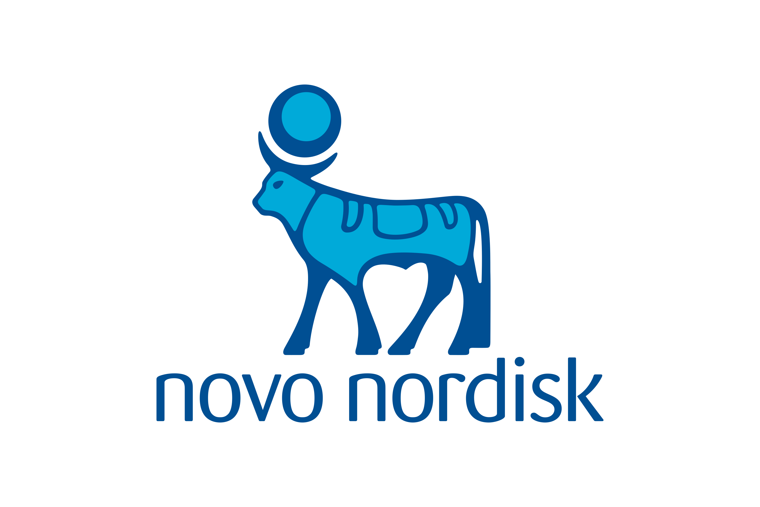 Novo Nordisk logo featuring a stylized blue bull with a circle above its head.