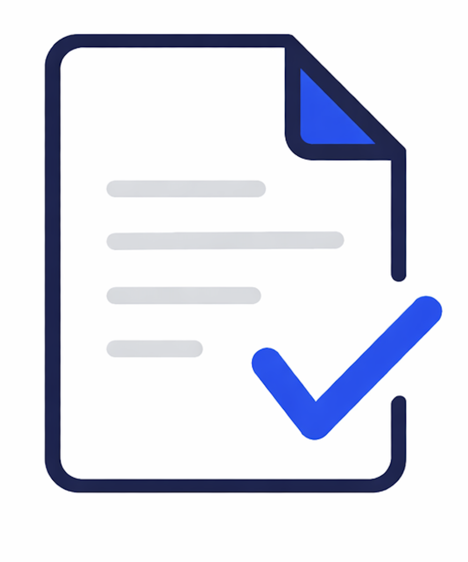 Icon of a document with lines representing text and a large blue checkmark on the bottom right.