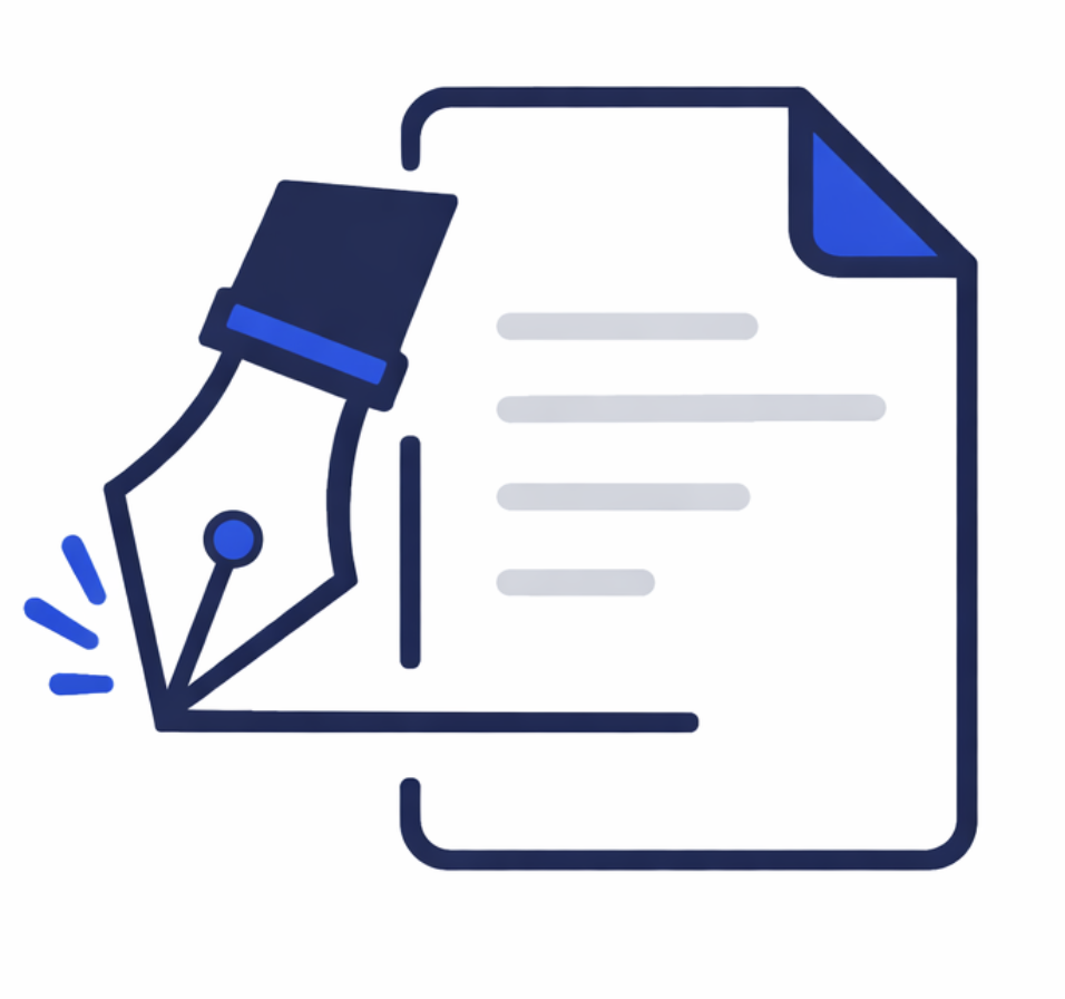 Fountain pen drawing a line on a document with text lines and a folded corner.