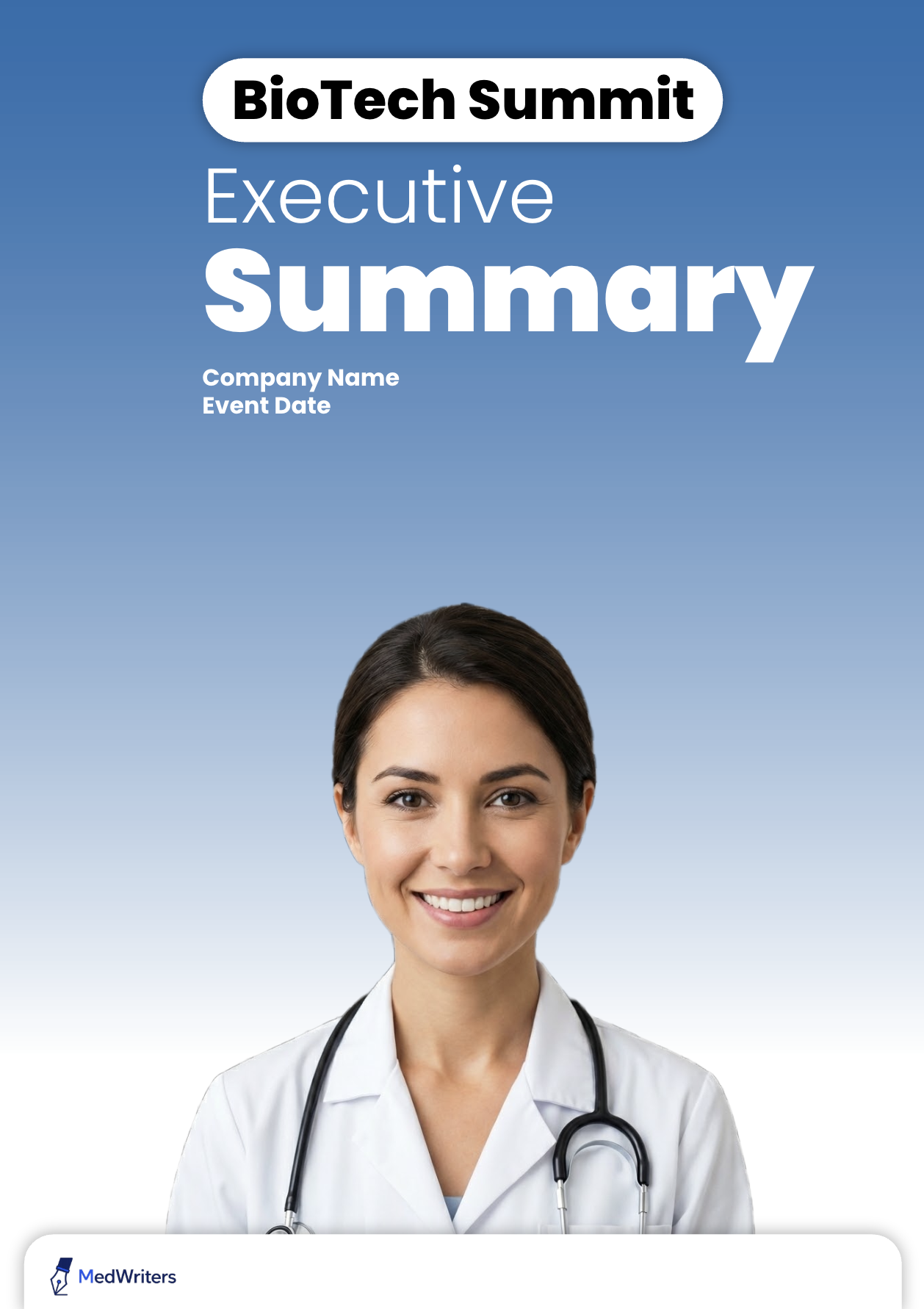 Smiling female doctor wearing white coat and stethoscope with blue gradient background and text 'BioTech Summit Executive Summary'.