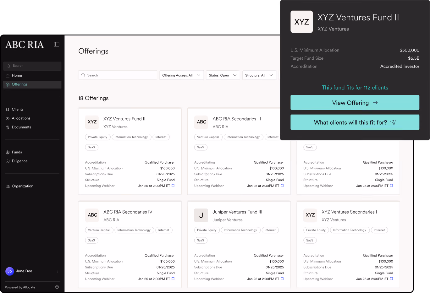 Investment platform screen showing 18 offerings with details and highlighted XYZ Ventures Fund II popup.