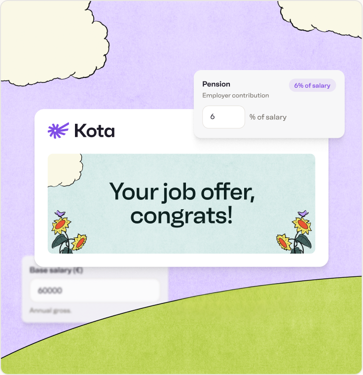 Offer letter generator showing a branded job offer with base salary and employer pension contribution inputs