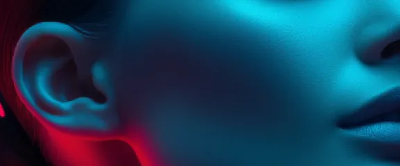 Close-up of a person's face focusing on ear and lips illuminated with blue and red lighting.