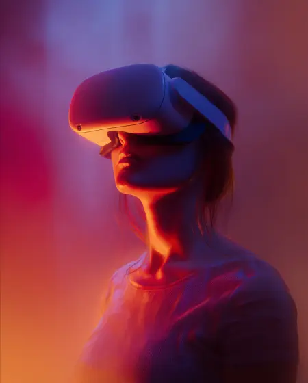 Woman wearing a virtual reality headset illuminated by colorful red and blue lighting.