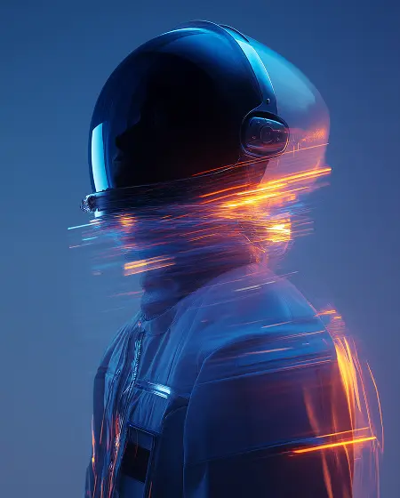 Side view of a person wearing an astronaut helmet and suit with orange light streaks around the neck and shoulders against a blue background.