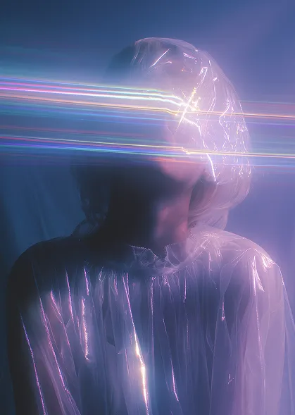 Person wearing a translucent hooded garment with an illuminated holographic or digital mask obscuring their face and emitting horizontal streaks of colorful light.