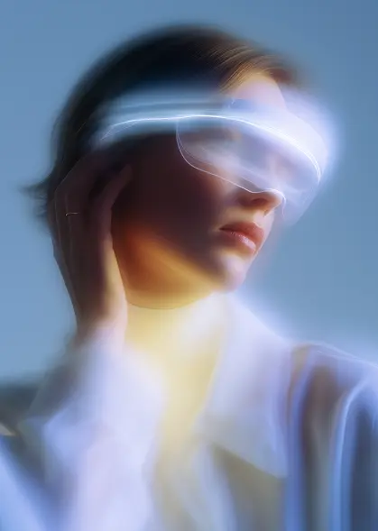 Woman wearing futuristic glowing augmented reality glasses against a soft blue background.