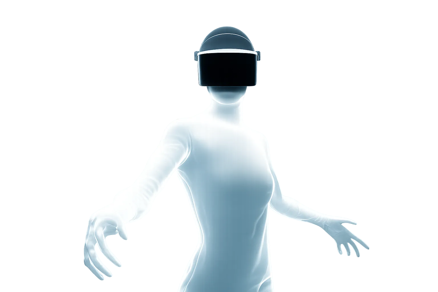 Futuristic glowing figure wearing a virtual reality headset with arms extended forward.