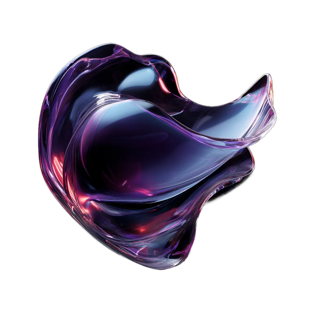 Abstract fluid shape with glossy, reflective purple and pink hues on a black background.