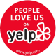 Red circular badge reading 'People Love Us on Yelp' with the Yelp logo and website link.