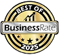 Gold and black badge reading 'Best of BusinessRate 2025' with three stars underneath.