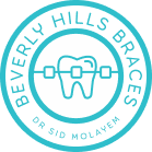 Beverly Hills Braces logo with a tooth and braces illustration inside a circular turquoise border.