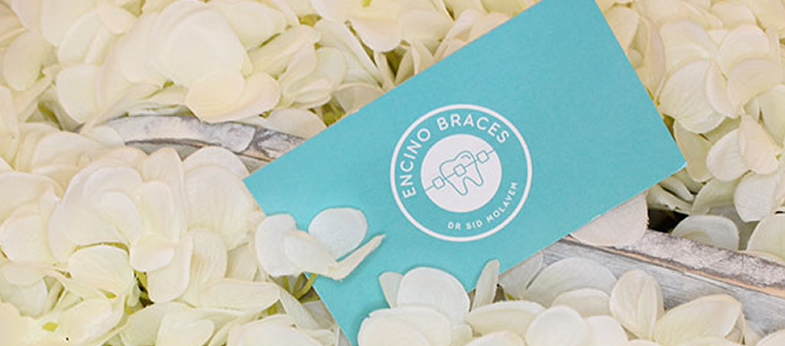 Blue business card with Encino Braces logo placed among white flower petals.