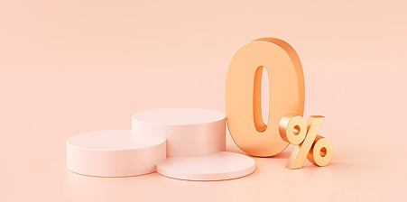 Three empty pale pink cylindrical podiums with a large orange 0% symbol beside them on a soft pink background.