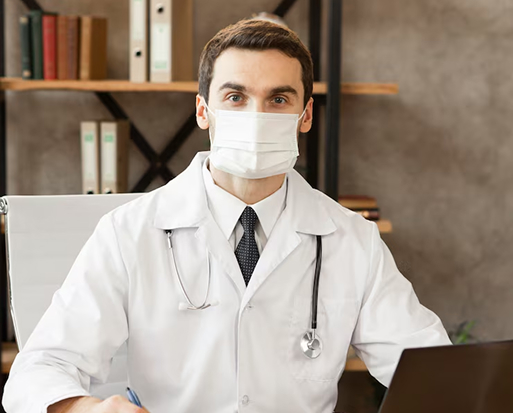 Male doctor wearing a white coat, a tie, a stethoscope, and a face mask, sitting at a desk with a laptop.