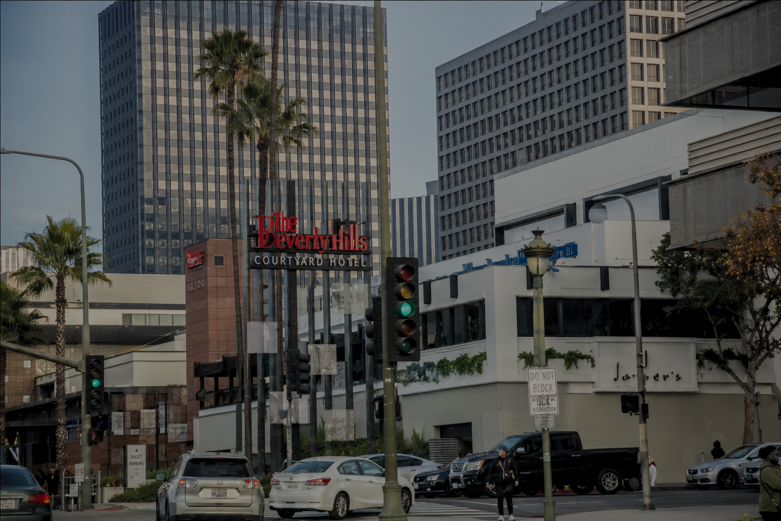 Modern shopping center named Encino Place with shops, outdoor seating, a fountain, and palm trees.