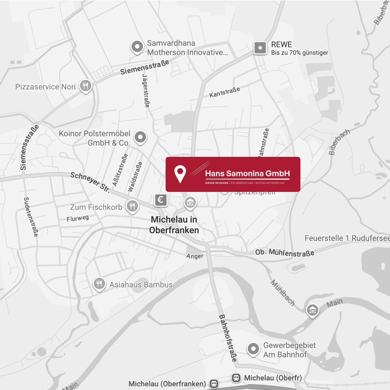 Stadtplan mit hervorgehobener Adresse und roter Positionsmarkierung.