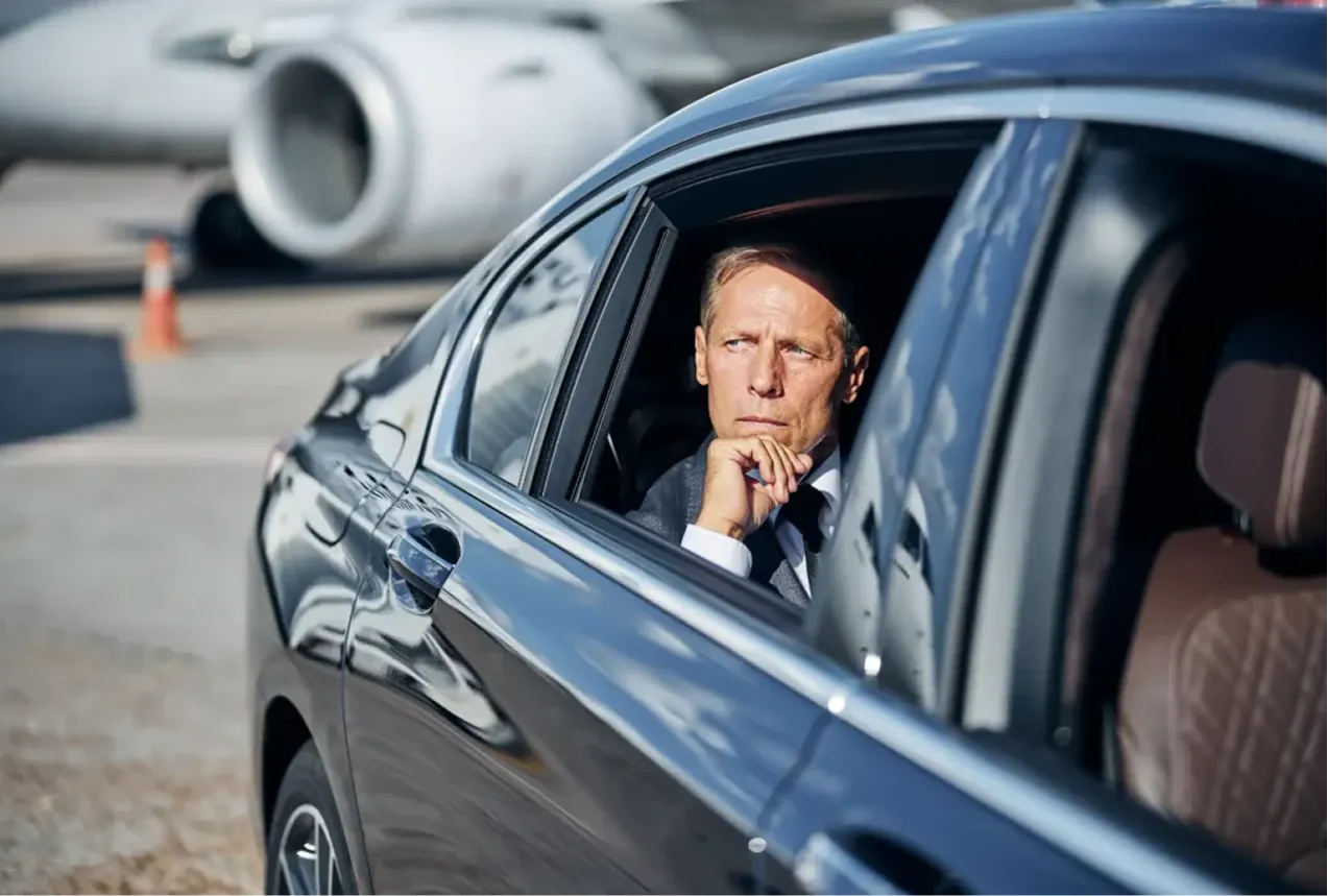 Thoughtful businessman looking out the window of a black car parked near an airplane engine on an airport tarmac.